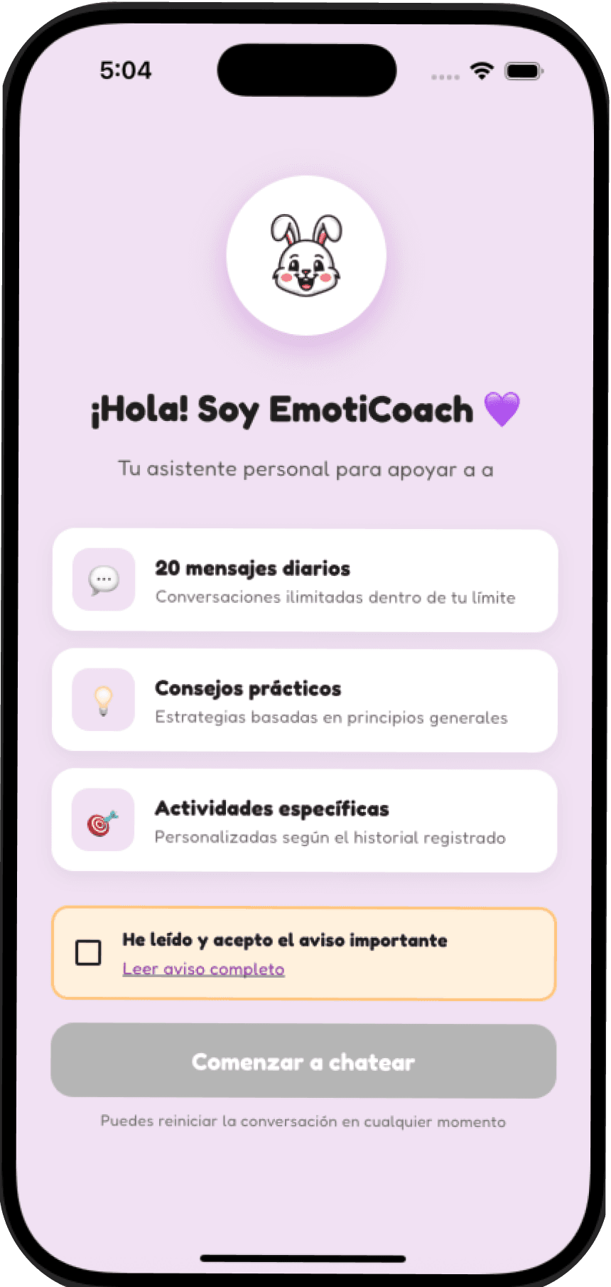 Pantalla de bienvenida de EmotiCoach, el asistente emocional de EmotiNest